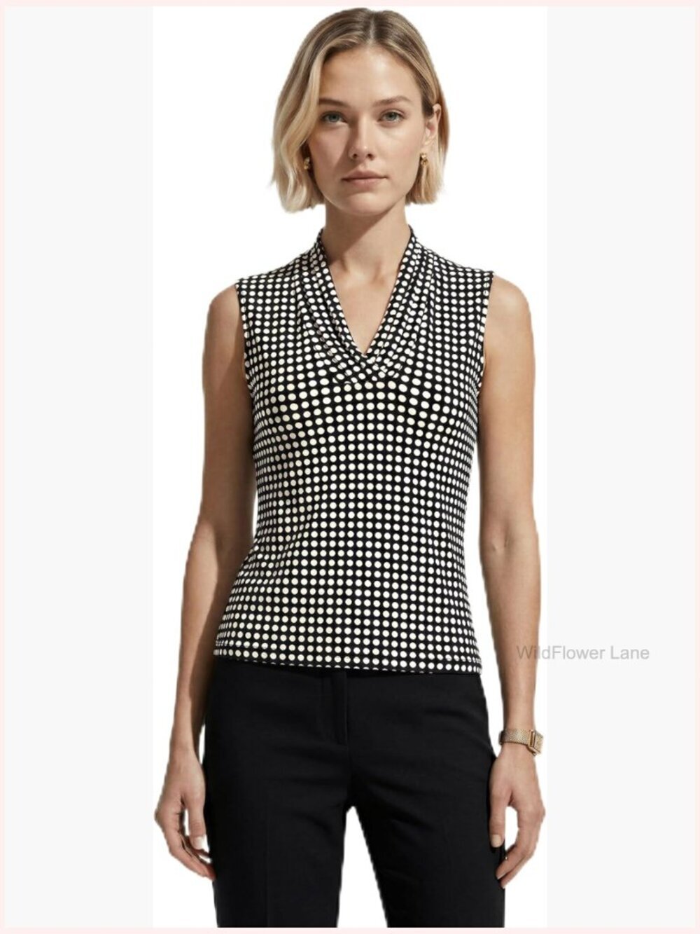 Sleeveless Dot Print Pleated V-Neck Top - Lightweight Blouse